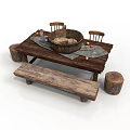 Rustic Wooden Dining Table With Bench Chairs Stump Stools Tablecloth Bowl And Fruits
