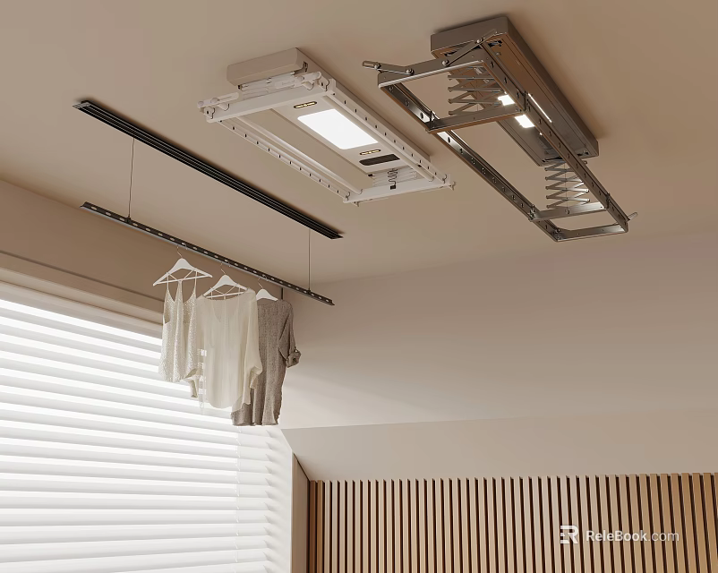 Ceiling Mounted Electric Clothes Hanger With Hanging Clothes Indoor Wooden Wall And Window Blinds 3d model 