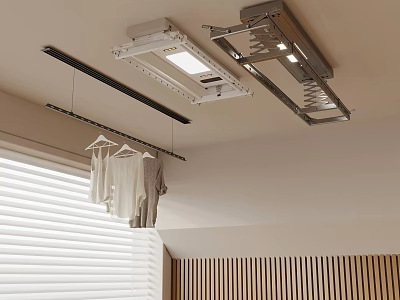 Ceiling Mounted Electric Clothes Hanger With Hanging Clothes Indoor Wooden Wall And Window Blinds 3d model