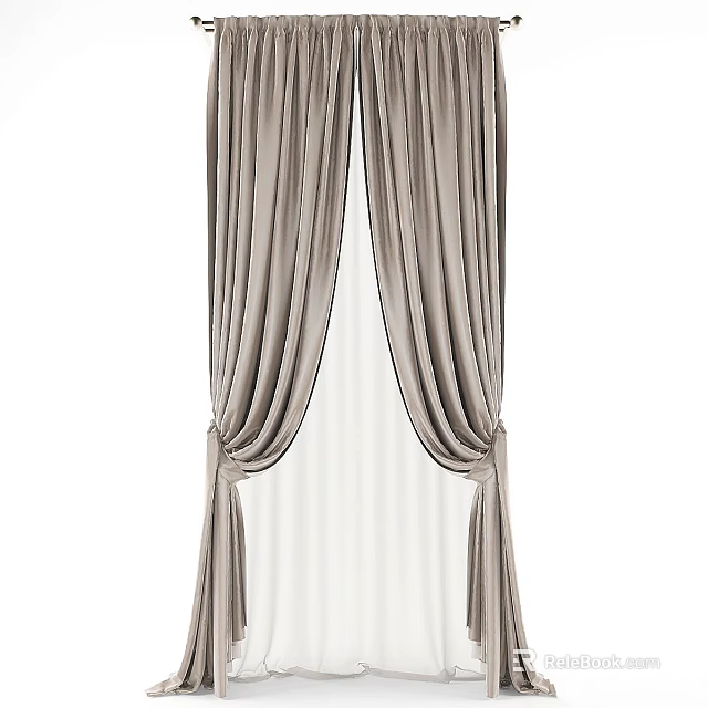 Elegant Beige Velvet Curtains With Tied Back Design And Double Layer Window Treatment 3d model 