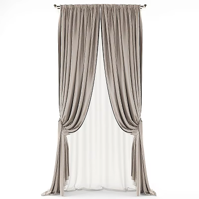 Elegant Beige Velvet Curtains With Tied Back Design And Double Layer Window Treatment 3d model