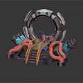 Mechanical Sci Fi Ring Structure Featuring Pipes Yellow Staircase And Components 3d model