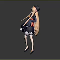 Anime Style Game Character With Long Orange Hair Black Hat And Navy Blue Striped Dress