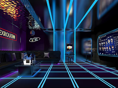 Modern KTV Interior Design With Excrown Neon Sign Blue Purple Lighting And Black Sofa 3d model