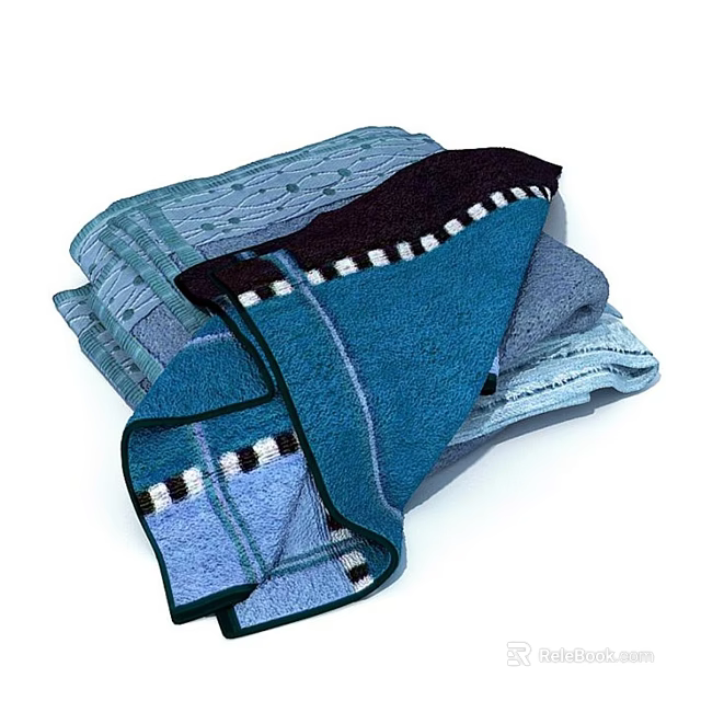 Stack Of Soft Absorbent Blue Towels With Various Shades And Textured Patterns 3d model 