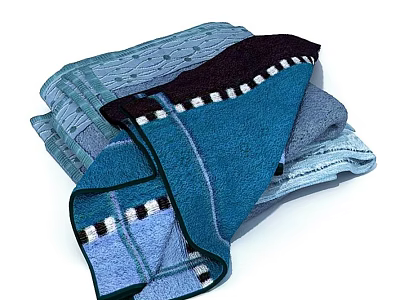 Stack Of Soft Absorbent Blue Towels With Various Shades And Textured Patterns 3d model