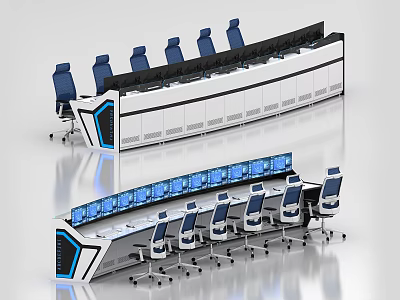 Modern Control Room Console Setup With Multiple Monitors And Ergonomic Chairs 3d model