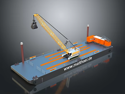 Floating Crane Platform With Yellow Crane And Orange Structure On Water 3d model