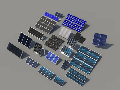 Various Types of Solar Panels Displayed in Multiple Shapes and Arrangements 3d model