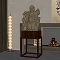 Classic Buddha Sculpture On Wooden Stand With Fireplace And Green Plants Decor