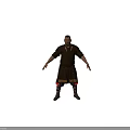 Human Medieval Character In Brown Robe With Gold Embroidery Red Pants And Strapped Boots Arms Outstretched