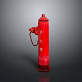 Red Fire Hydrant With Metal Construction And Chain Attachment On Gray Background
