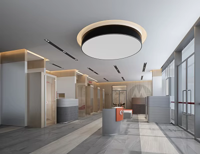 Modern Service Hall Interior With Reception Desks Seating Ceiling Lights And Large Windows 3d model