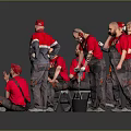 Men In Red Shirts And Gray Overalls Displaying Various Working Poses