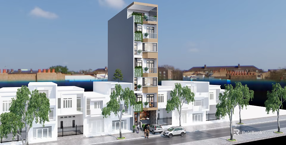 Modern Tall Building Surrounded By Low Rise White Buildings Trees Pedestrians And Cars On Street 3d model 