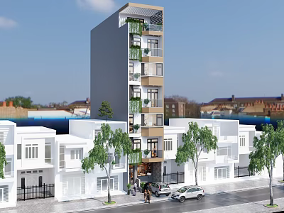 Modern Tall Building Surrounded By Low Rise White Buildings Trees Pedestrians And Cars On Street 3d model