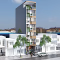 Modern Tall Building Surrounded By Low Rise White Buildings Trees Pedestrians And Cars On Street