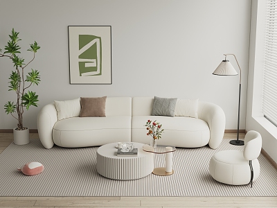 Modern Sofa Combination Cream Style Sofa Combination Coffee Table Leisure Chair Floor Lamp Hanging Painting Carpet Side Table Vase Pillow 3d model