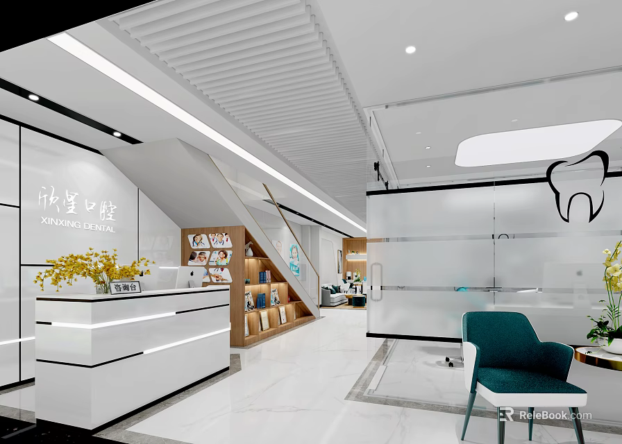 Modern Dental Clinic Interior Featuring Reception Desk Bookshelf Staircase And Tooth Logo 3d model 