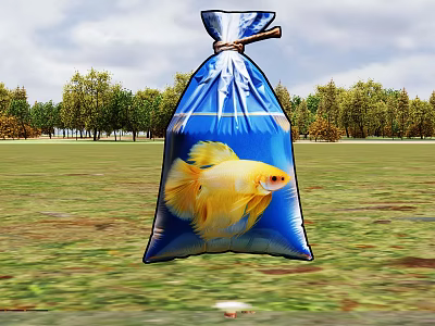 Golden Aquatic Fish In Blue Water Bag On Green Grass Field With Trees 3d model