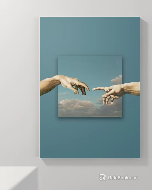 Abstract Painting With Reaching Hands And Touching Fingers On Blue Sky Background 3d model 