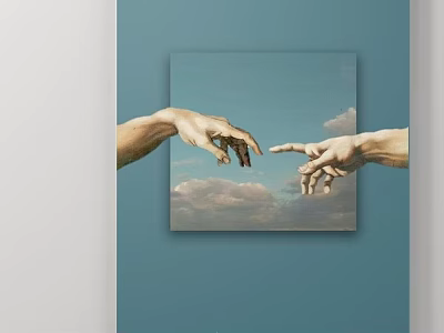 Abstract Painting With Reaching Hands And Touching Fingers On Blue Sky Background 3d model