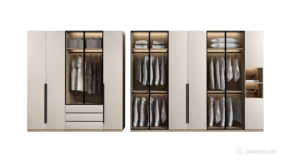 Modern Sleek Wardrobe Interior Storage Design With Glass Doors Hanging Clothes And Drawers 3d model 