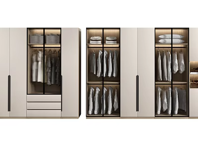 Modern Sleek Wardrobe Interior Storage Design With Glass Doors Hanging Clothes And Drawers 3d model