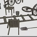 Rustic Wooden Farm Tools Collection Featuring Ladder Chairs Wheels Fork Shovel Planks And Bucket
