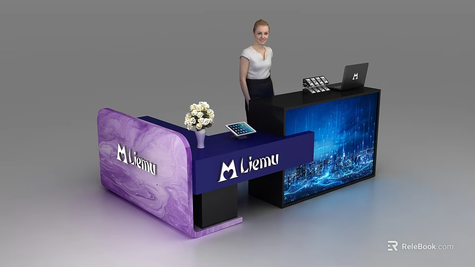 Purple Marble Reception Desk With Liemu Logo White Flowers Tablet Laptop And Blue City Background 3d model 
