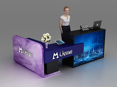 Purple Marble Reception Desk With Liemu Logo White Flowers Tablet Laptop And Blue City Background 3d model