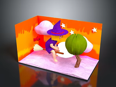 Colorful 3D Diorama Scene With Witch On Broomstick Green Tree Clouds And Stars 3d model