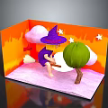 Colorful 3D Diorama Scene With Witch On Broomstick Green Tree Clouds And Stars