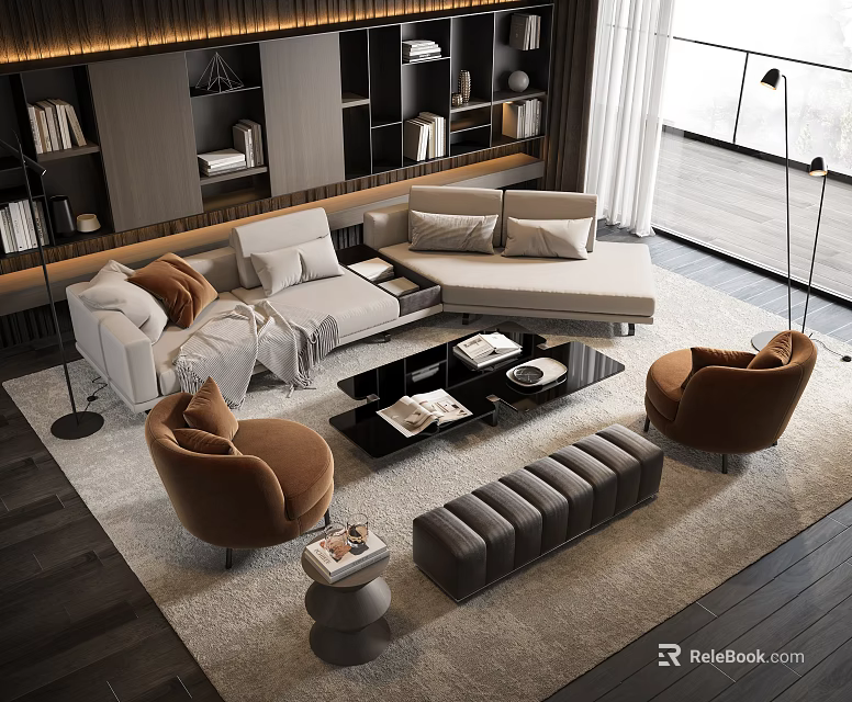 Modern Living Room Sofa Coffee Table Combination With L Shaped Sofa Brown Armchairs And Gray Bench 3d model 