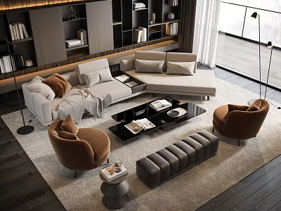 Modern Living Room Sofa Coffee Table Combination With L Shaped Sofa Brown Armchairs And Gray Bench 3d model