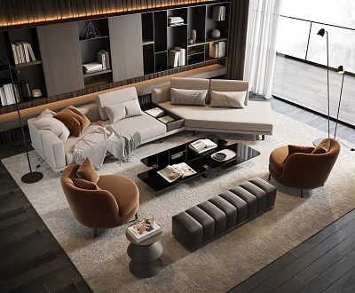 Modern Living Room Sofa Coffee Table Combination With L Shaped Sofa Brown Armchairs And Gray Bench 3d model