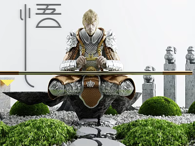 Garden Ornament Featuring Warrior Statue Green Shrubs Pebble Path And Stone Figures 3d model