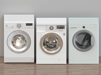 Three Modern White Front Loading Washing Machines Against Gray Wall On Wooden Floor 3d model
