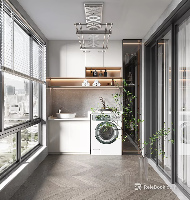 Modern Home Balcony Design With Washing Machine Sink White Cabinets Green Plants And City View 3d model 