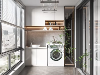 Modern Home Balcony Design With Washing Machine Sink White Cabinets Green Plants And City View 3d model