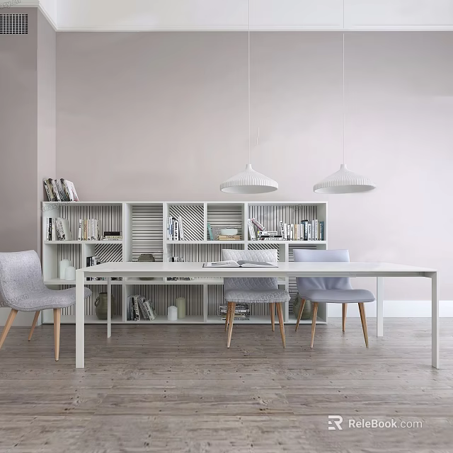 Modern Minimalist White Table and Chair Set with Bookshelf Books Pendant Lights and Wooden Legs 3d model 