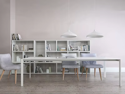 Modern Minimalist White Table and Chair Set with Bookshelf Books Pendant Lights and Wooden Legs 3d model