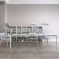 Modern Minimalist White Table and Chair Set with Bookshelf Books Pendant Lights and Wooden Legs