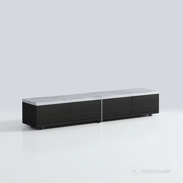 Modern TV Stand With Black Cabinet Silver Top And Multiple Drawers 3d model