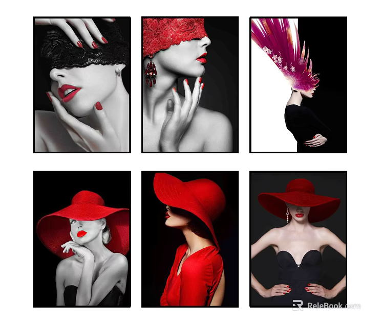 Elegant Female Portraits Featuring Red Hats Vibrant Hair Red Lips and Lace Accents 3d model 
