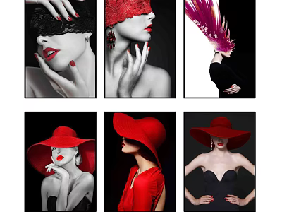 Elegant Female Portraits Featuring Red Hats Vibrant Hair Red Lips and Lace Accents 3d model