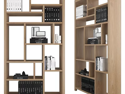 Modern Wooden Open Bookcase With Multiple Compartments Books Photo Frames And Decor 3d model