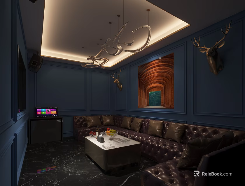 KTV Lounge With Dark Blue Walls Leather Sofas Deer Head Decor And TV Screen 3d model 