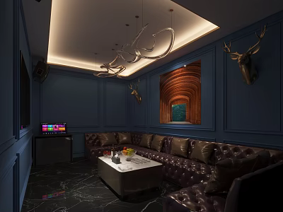 KTV Lounge With Dark Blue Walls Leather Sofas Deer Head Decor And TV Screen 3d model