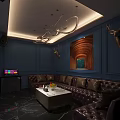 KTV Lounge With Dark Blue Walls Leather Sofas Deer Head Decor And TV Screen